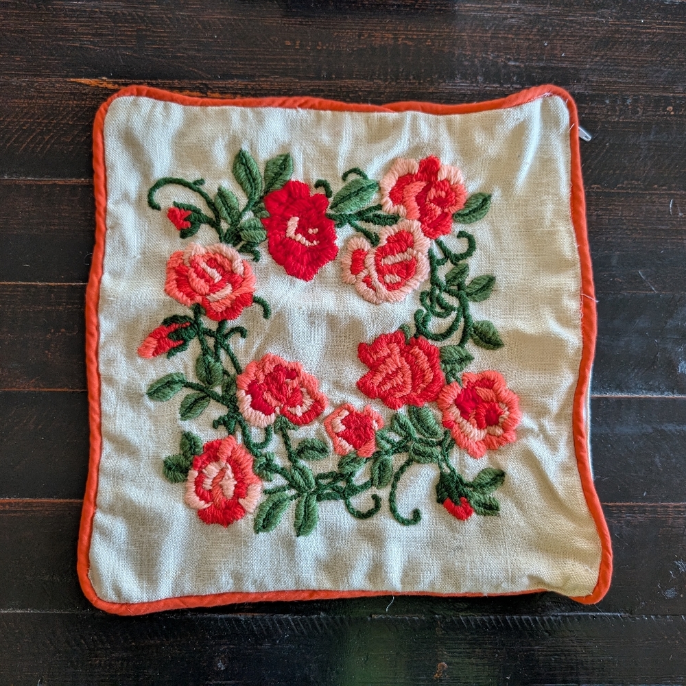 Vintage Handmade Floral Embroidered Pillow Cover - 12x12